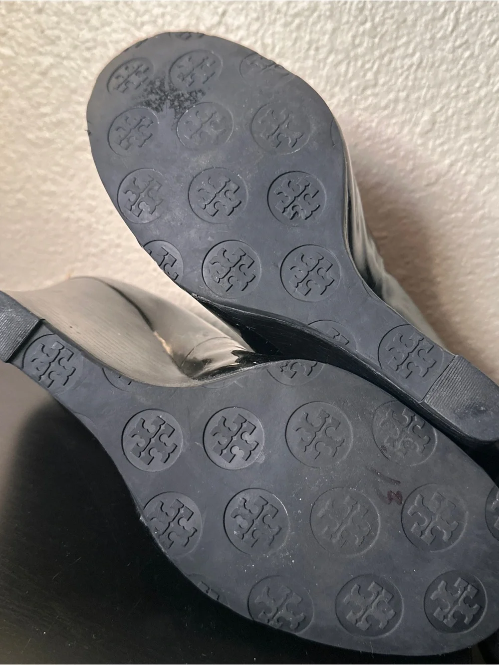 Tory Burch Black Patent Leather Logo Sophie Pumps with Silver Medallion